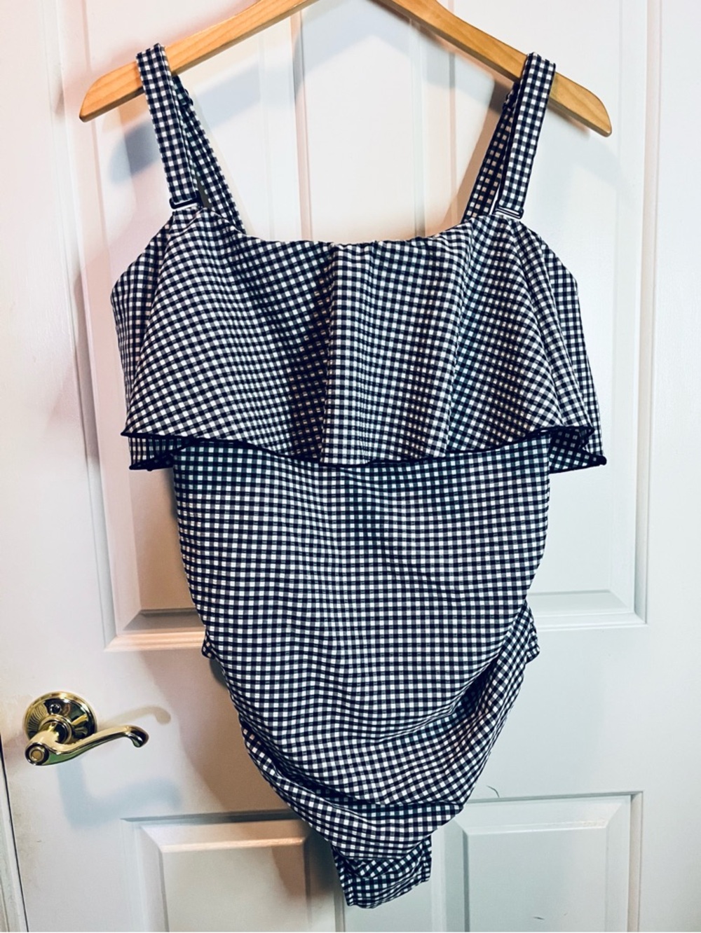 Kona Sol Navy Blue & White Gingham Ruffle Womens One-Piece Swimsuit Sz 20 W
